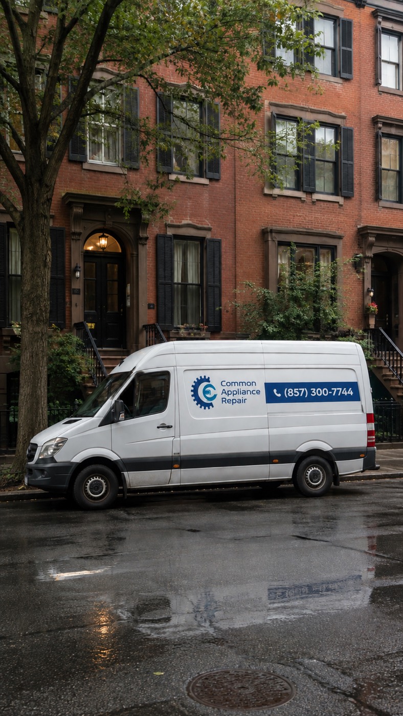 Common Appliance Repair service van on a Boston street