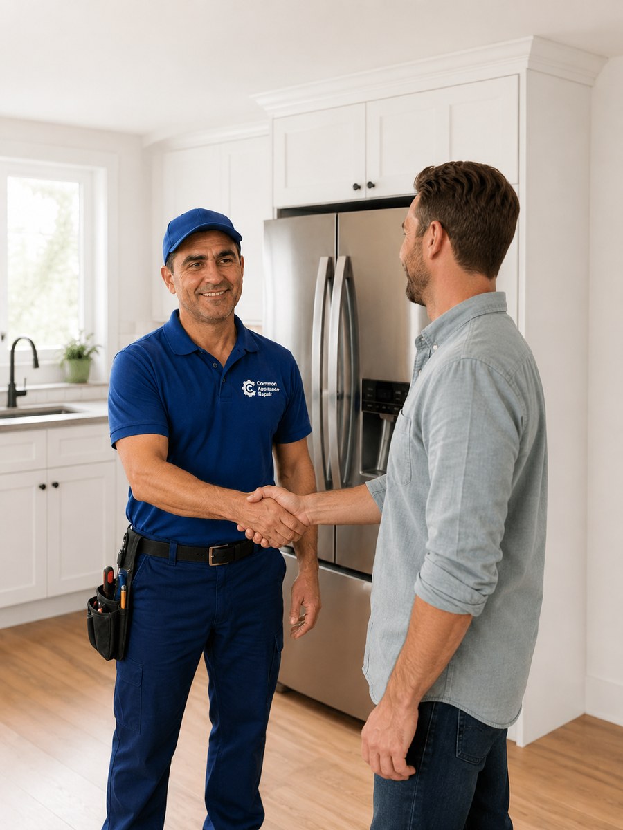 Common Appliance Repair technician with a customer